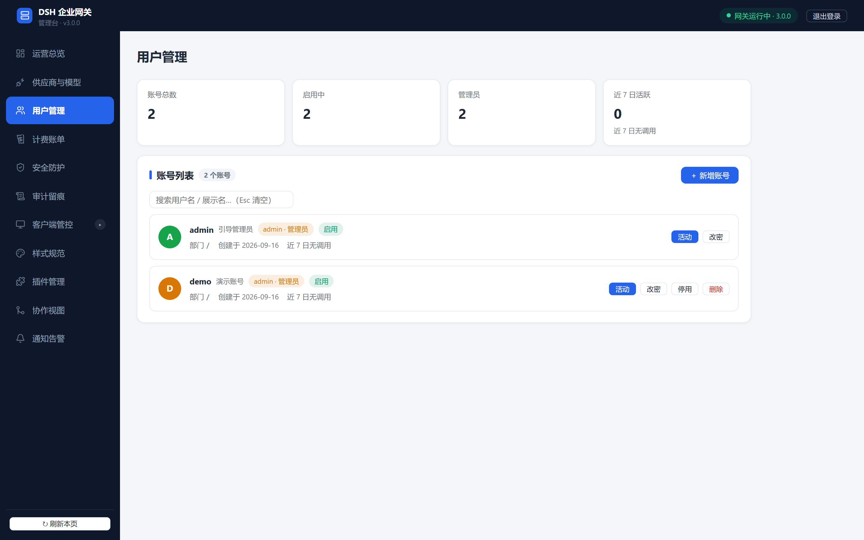 管理台·用户管理：账号增删、启停、角色、活动详情